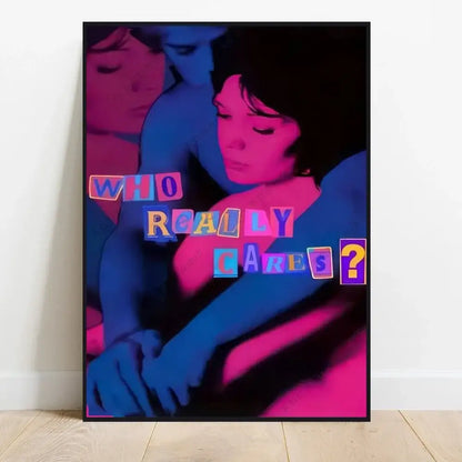 Vibrant pop-art decorbites™ classic tv drama girl art poster canvas in bold pink and blue hues with who really cares text