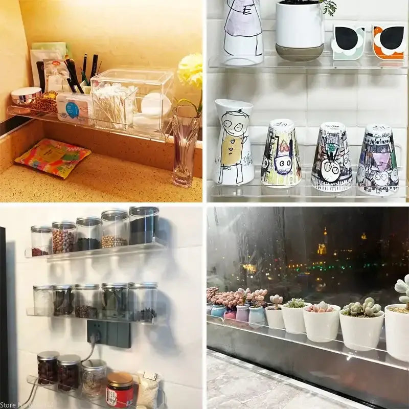 DecorBites clear acrylic wall mounted spice racks with silver metal edges holding glass jars of dried goods