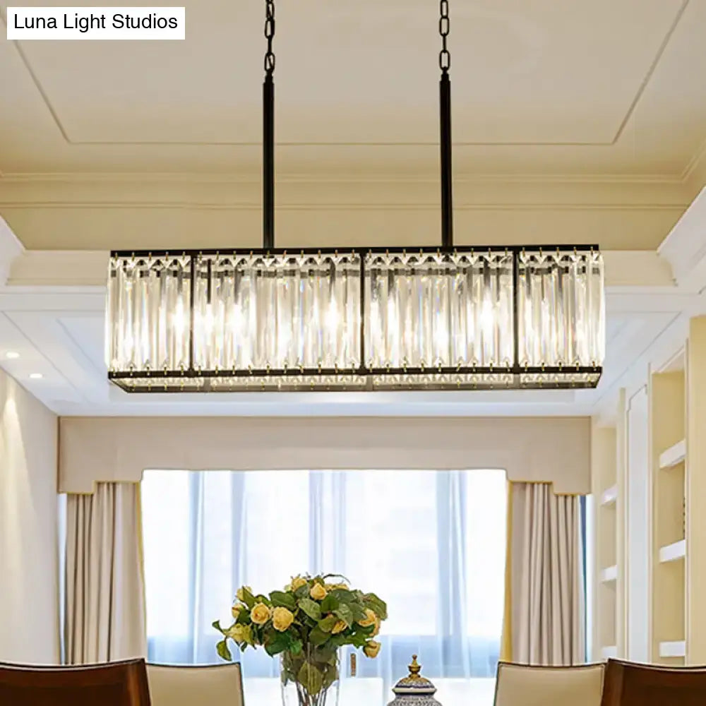 Decorbites clear crystal island pendant light with black metal frame and vertical crystal rods for modern dining rooms
