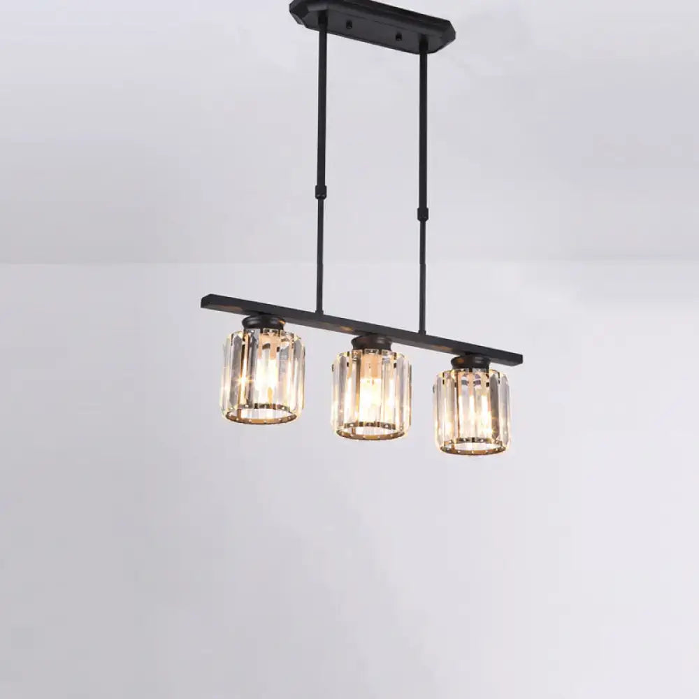 Black metal pendant island light with three clear crystal country cylinder hanging glass shades for dining room