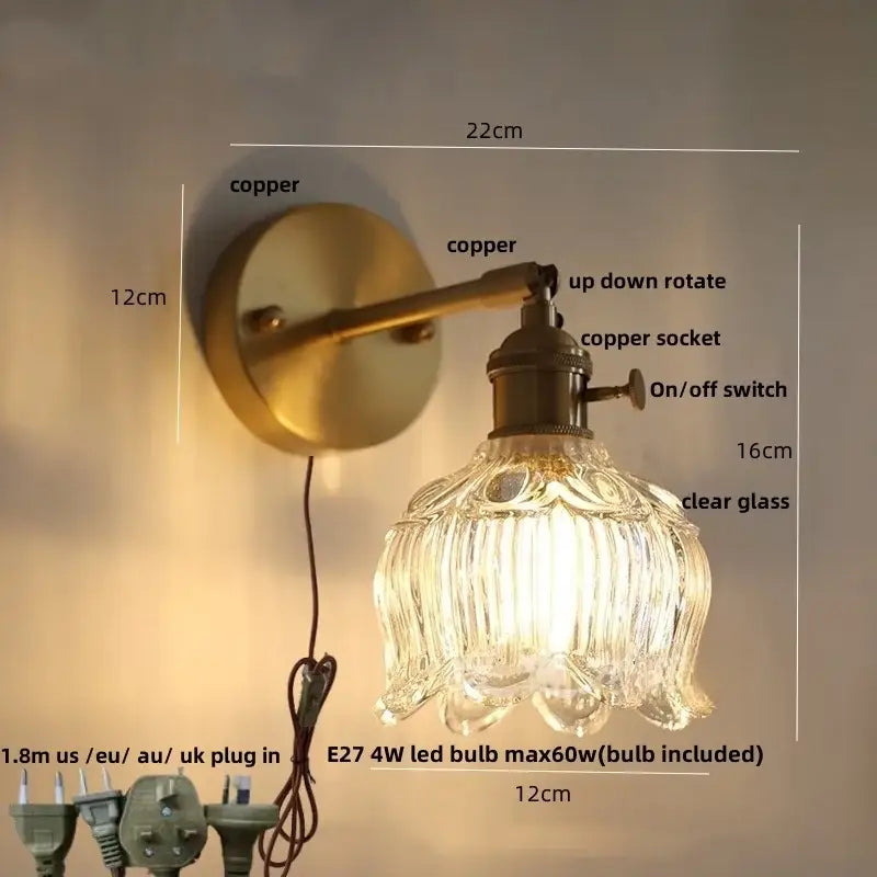 Vintage-style copper wall lamp with decorbites clear flower glass ribbed shade and brass pull chain for bedroom use