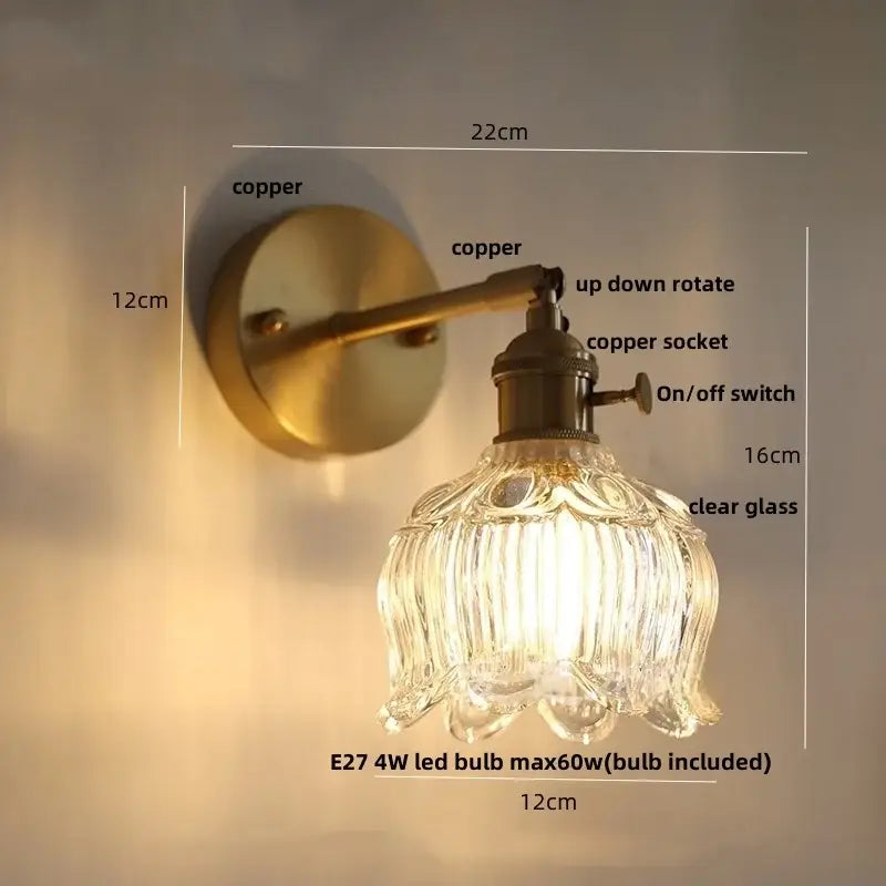 Decorbites clear flower glass wall lamp with antique brass-finished copper and clear ribbed glass shade for bedroom