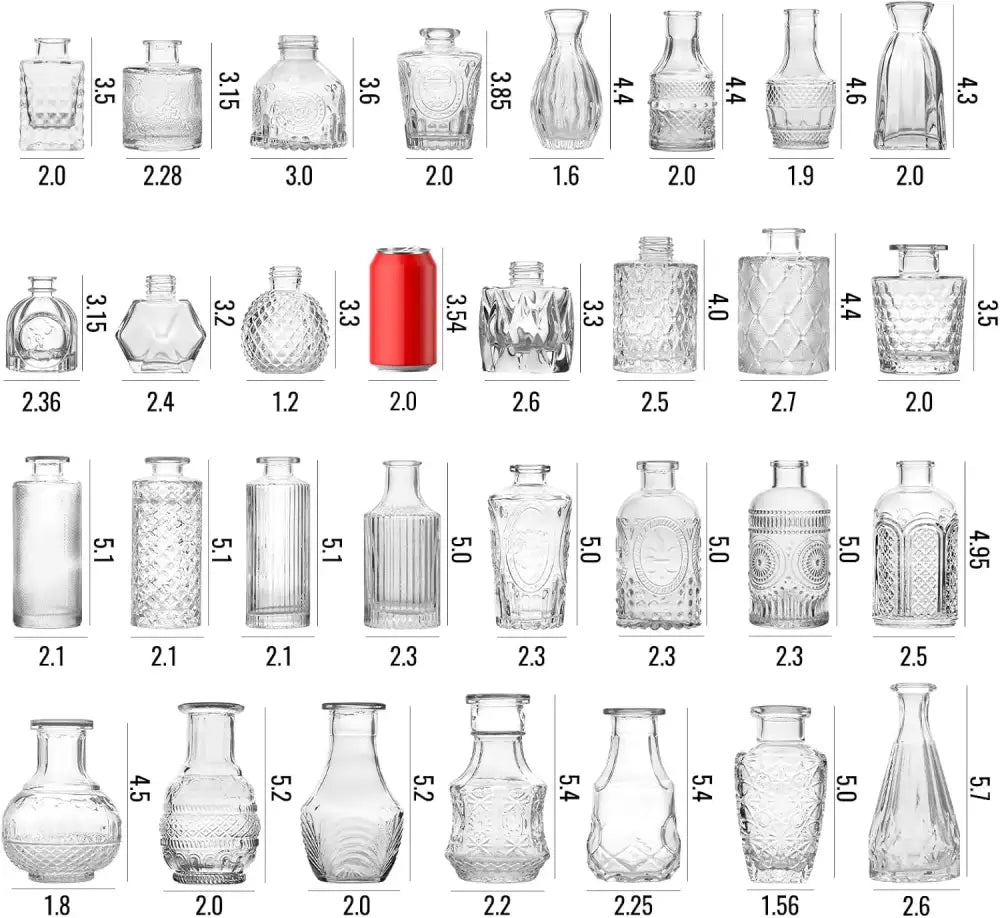 Decorbites™ clear glass bud vase bulk set featuring clear glass bottles with intricate faceted ribbed embossed patterns