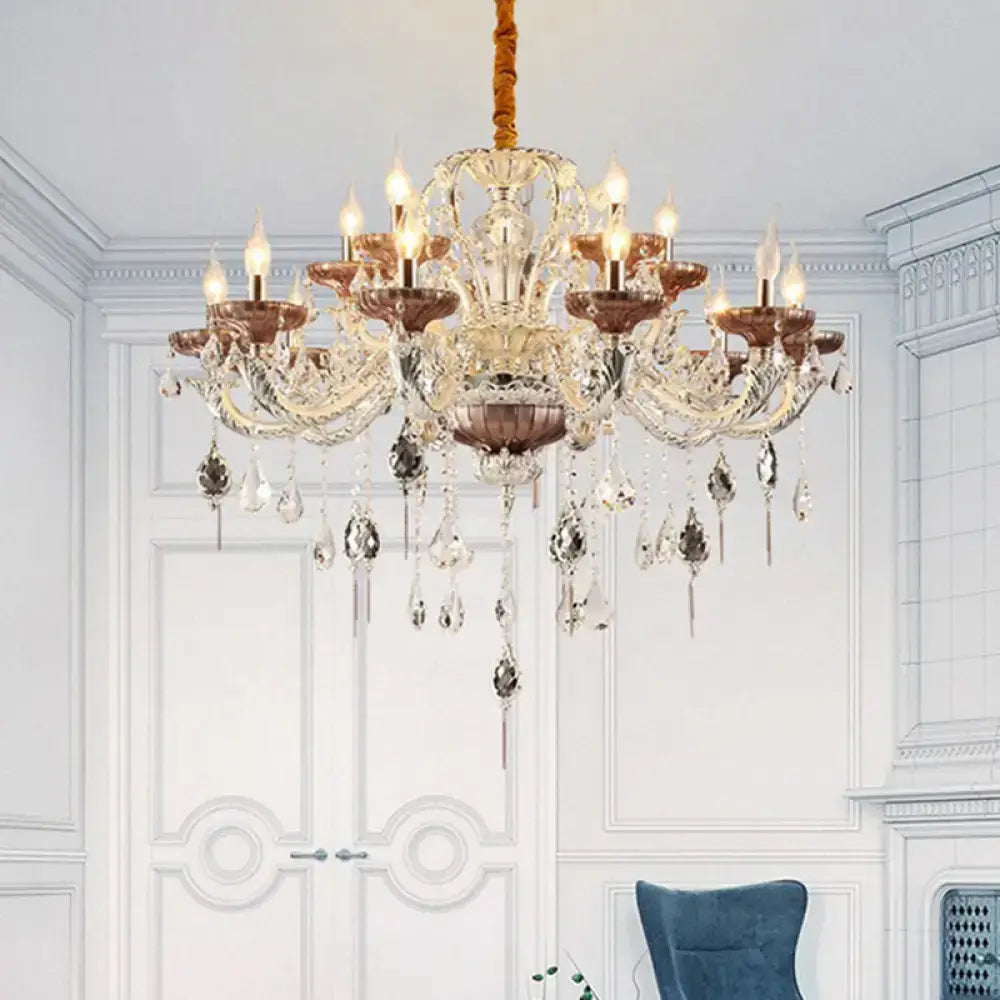 DecorBites™ clear glass chandelier candelabra with traditional carving and crystal accents with copper-toned details