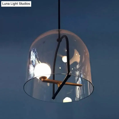 DecorBites™ clear glass cylinder ceiling light with black metal frame and wooden accents for modern living room