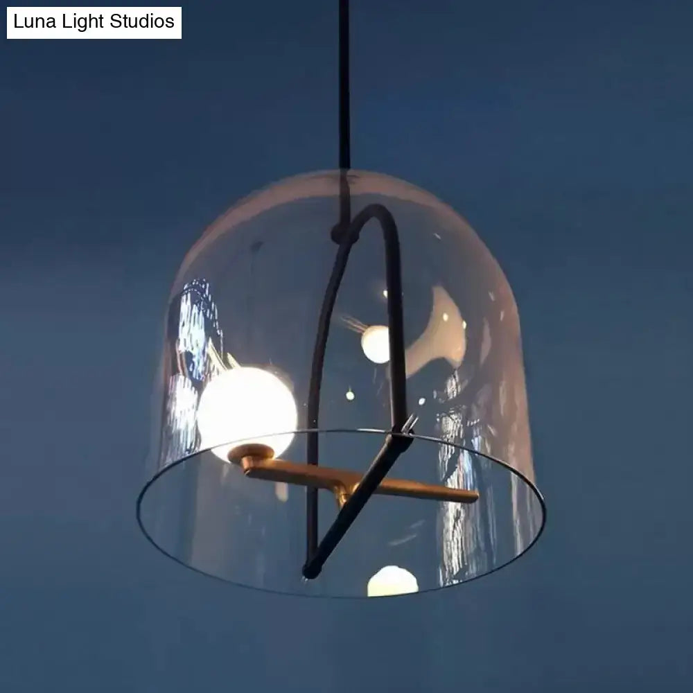 DecorBites™ clear glass cylinder ceiling light with black metal frame and brass accents for modern living room lighting