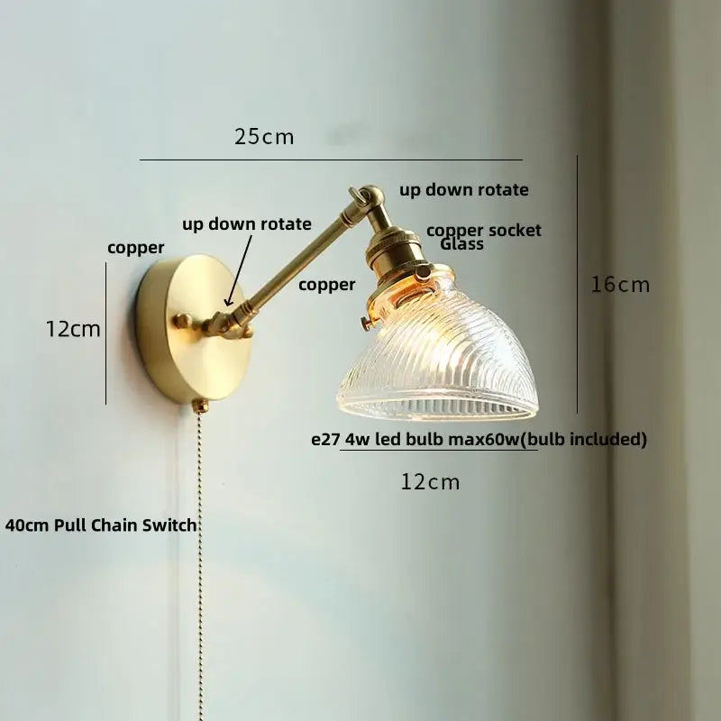 Brass-finished decorbites clear glass led adjustable wall sconce with ribbed glass shade and copper socket for dining room lighting