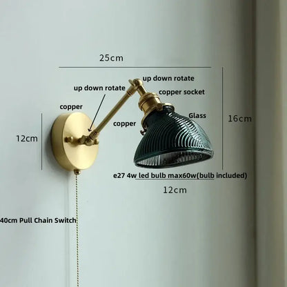 Vintage-style decorbites clear glass led brass wall sconce with dark green ribbed glass shade for dining room light