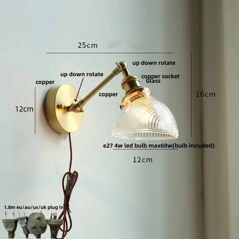 Brass-finished adjustable decorbites clear glass led wall sconce with ribbed glass shade for dining room lighting