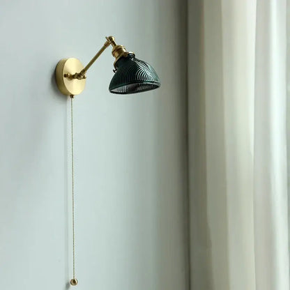Decorbites clear glass led brass wall sconce with dark green ribbed shade and pull chain for dining room lighting