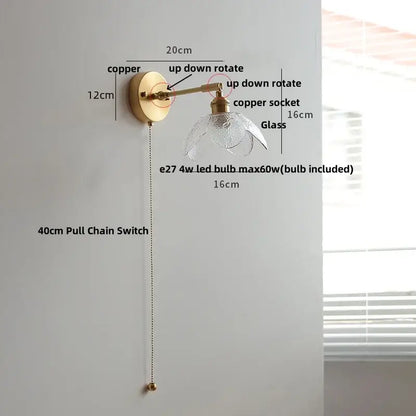 Decorbites clear glass led brass wall sconce with brass finish copper base and clear petal-shaped glass shade for dining room