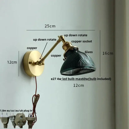 Vintage-style wall-mounted decorbites clear glass led lamp with brass copper finish and dark green ribbed glass shade