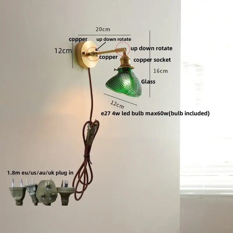 Copper wall sconce with a green ribbed glass shade and adjustable arm by Decorbites clear glass led dining room light