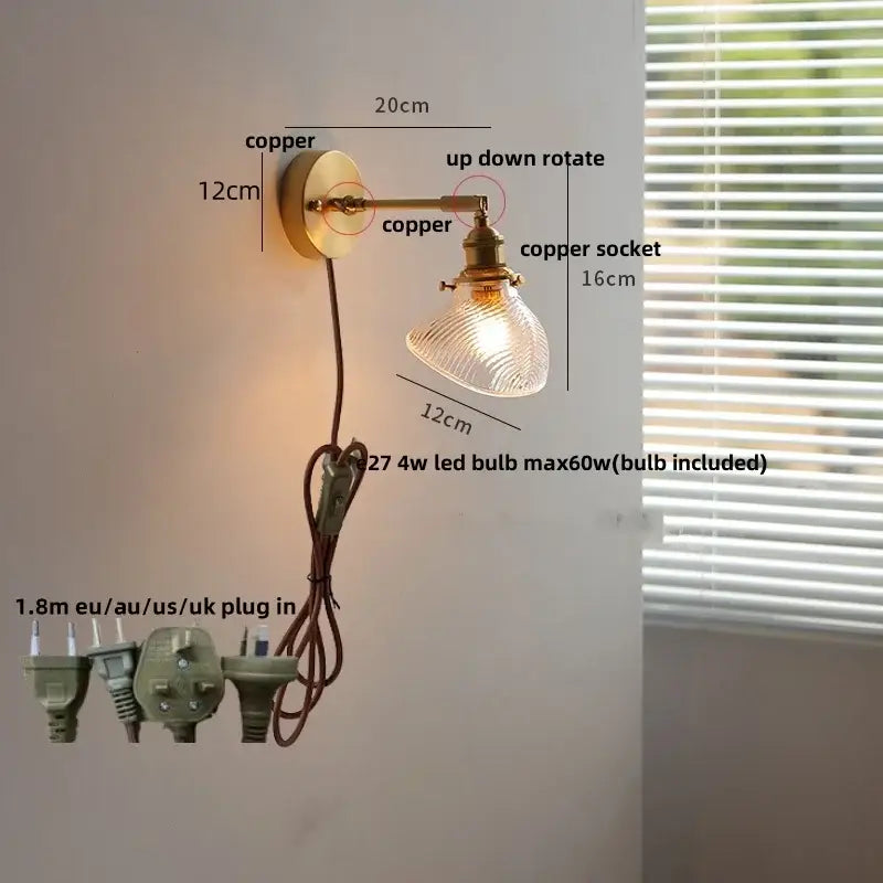 Copper wall sconce with a ribbed clear glass shade and up-down rotating arm by Decorbites clear glass led brass design