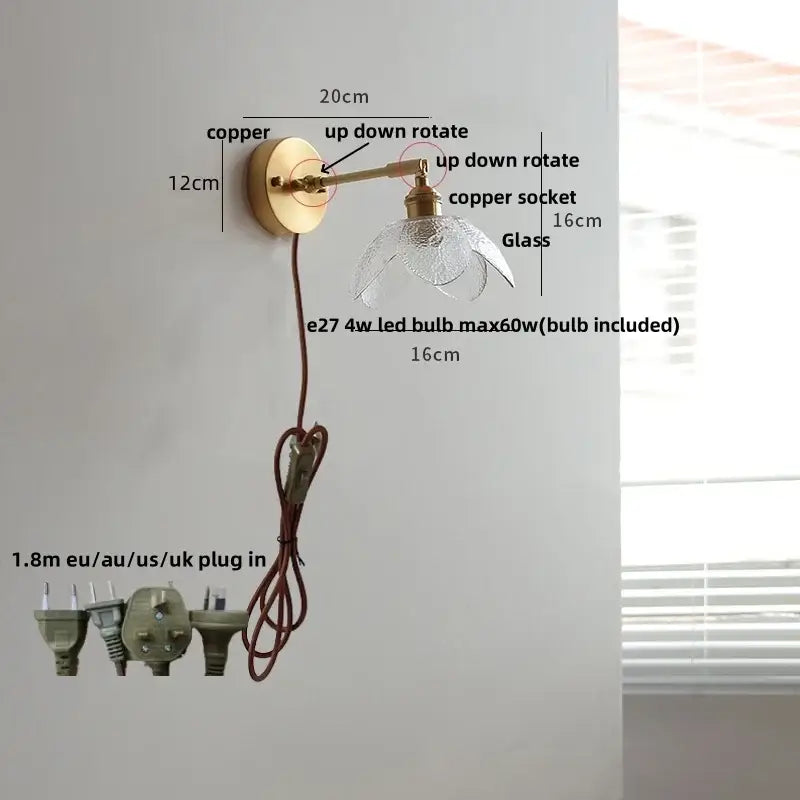 Copper decorbites clear glass led brass wall sconce with adjustable up-down rotation for dining room lighting