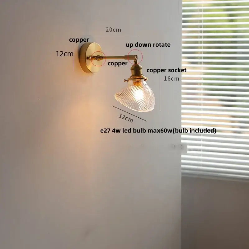 Copper wall sconce with decorbites clear glass led textured shade and adjustable up-down rotation for dining room light