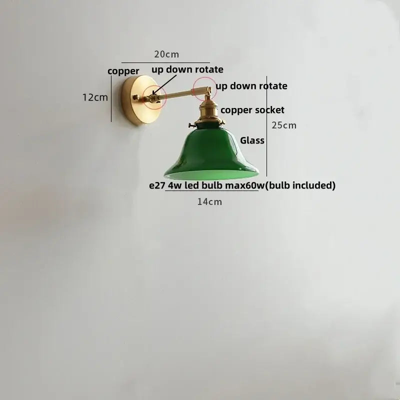 Green glass bell-shaped wall sconce with copper finish arm and socket by decorbites clear glass led brass light