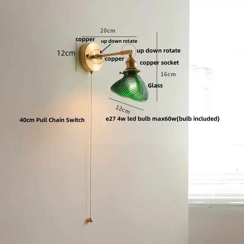 Green glass lamp with copper finish and pull chain switch for decorbites clear glass led brass wall sconce dining room light