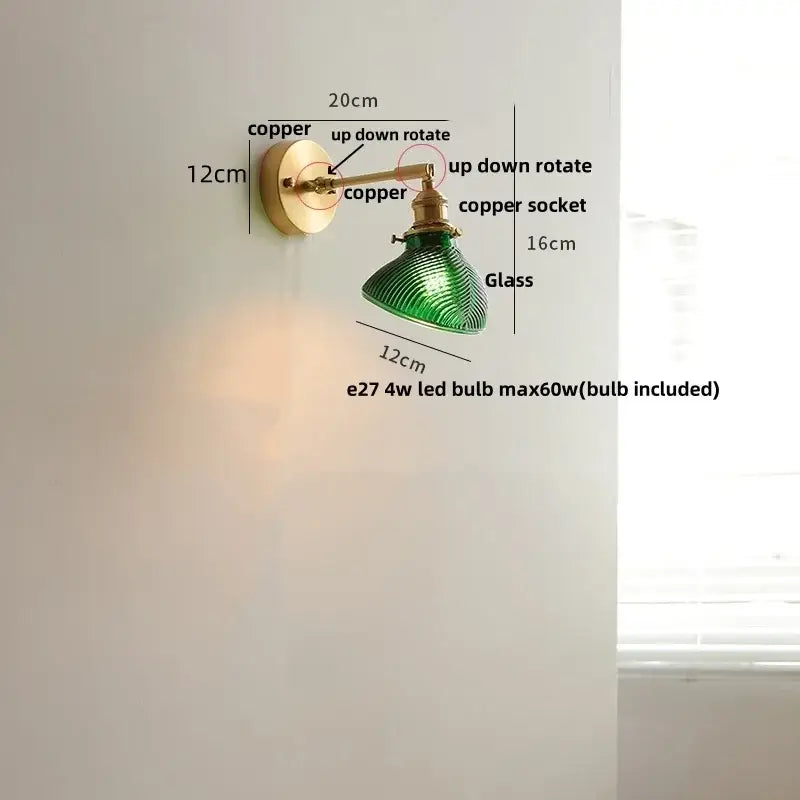 Green ribbed clear glass led wall sconce with copper finish arms and socket by Decorbites for dining room lighting