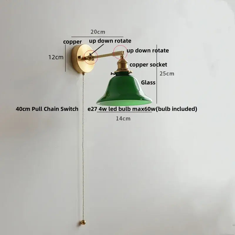 Decorbites clear glass led brass wall sconce with green glass bell shade and copper hardware for dining room lighting