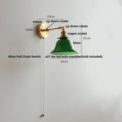 Decorbites clear glass led brass wall sconce with green glass bell shade and copper hardware for dining room lighting