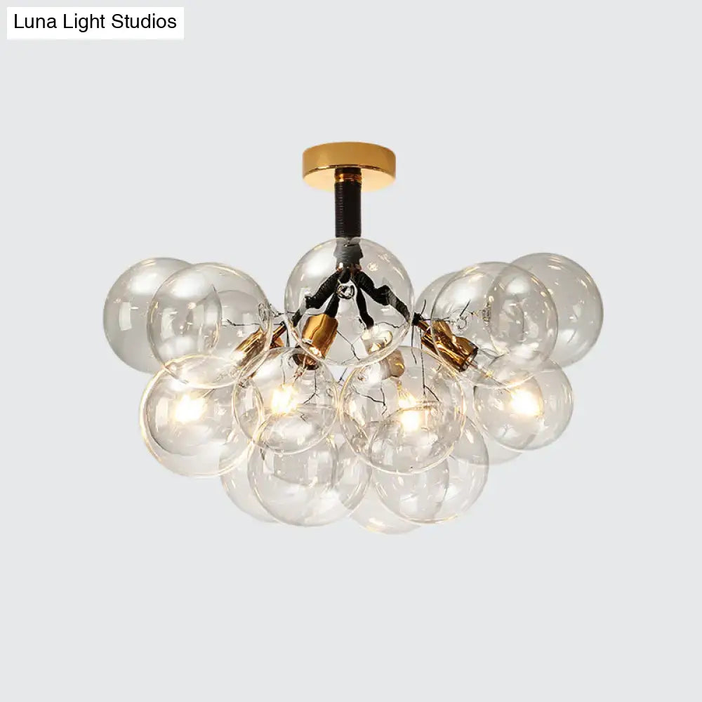 DecorBites clear glass semi flush ceiling light with gold metal accents and exposed filament bulbs for foyer illumination