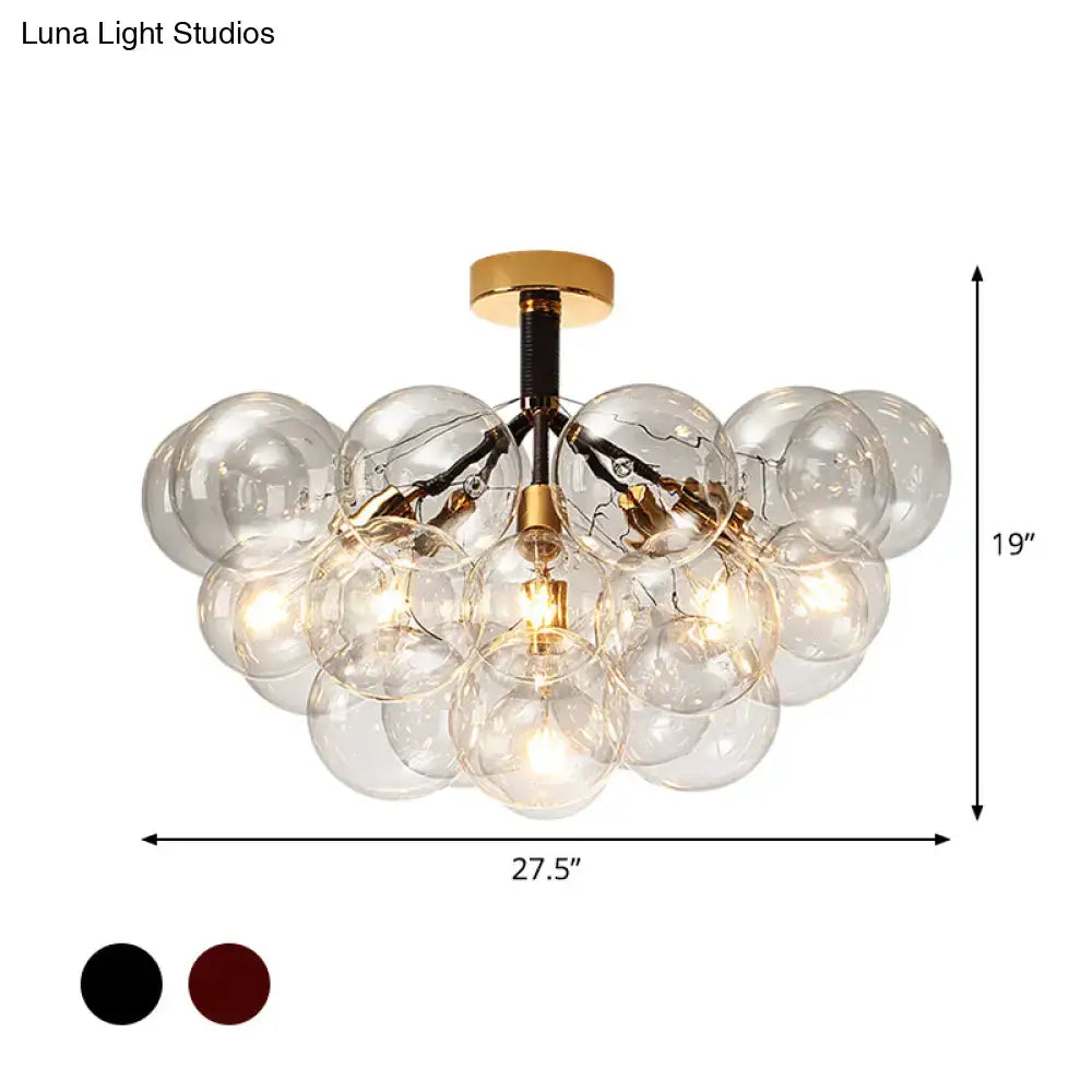 Gold-toned DecorBites™ semi flush ceiling light with clear glass spheres for foyer and corridor illumination, available in black or burgundy