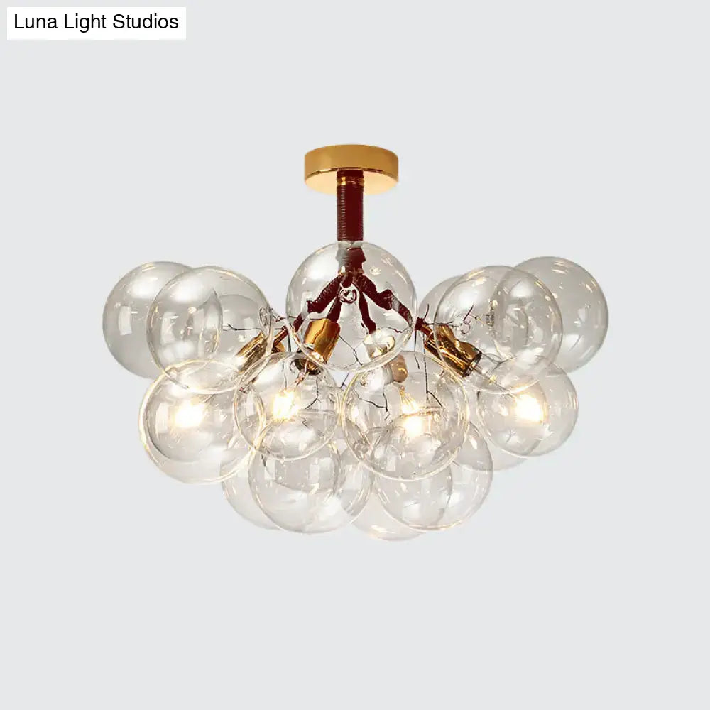 Modern semi flush ceiling light with clear glass bubbles gold-toned metal accents for foyer and corridor illumination