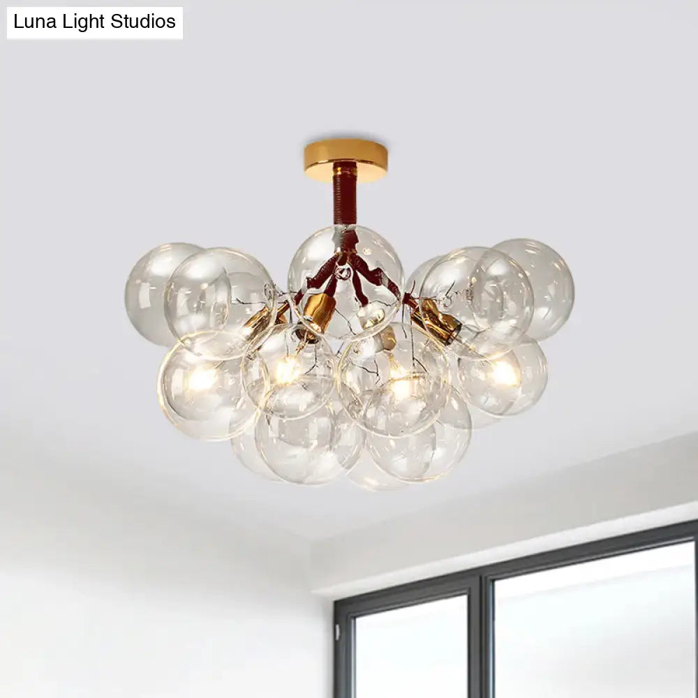 DecorBites clear glass semi flush ceiling light with bubble design brass accents and wooden ceiling mount for foyer ilumination