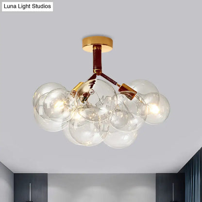 DecorBites™ clear glass semi flush ceiling light with brass arms and gold base for foyer and corridor illumination