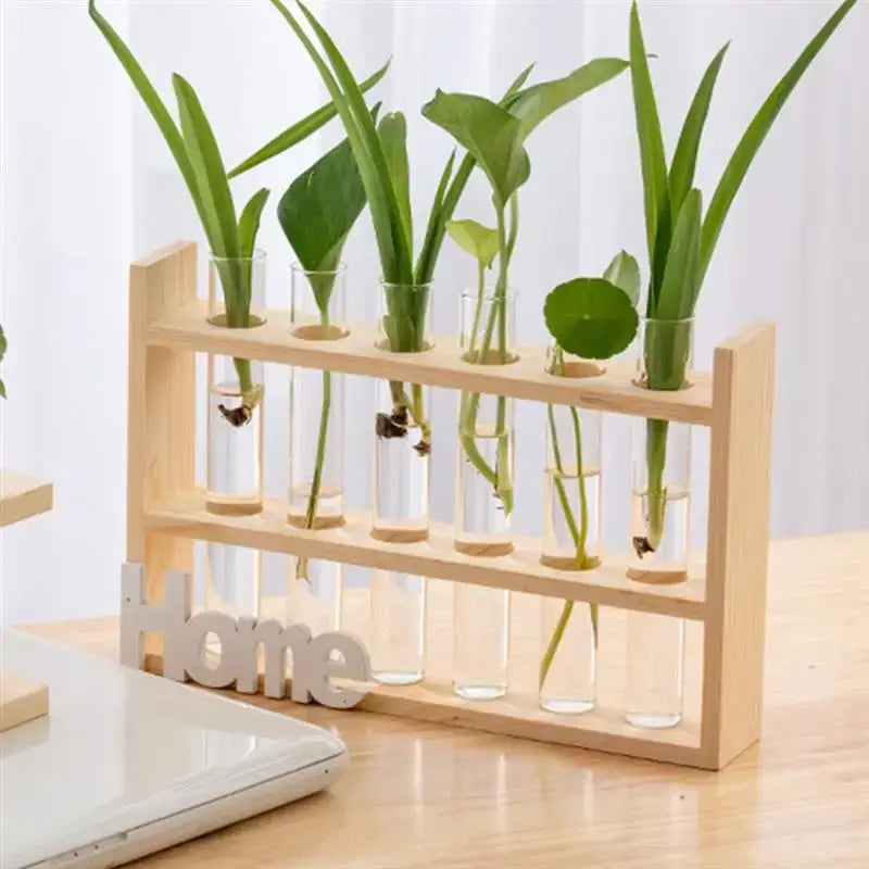 DecorBites™ light wood two-tiered rack holding six clear glass test tube vases with small green plants