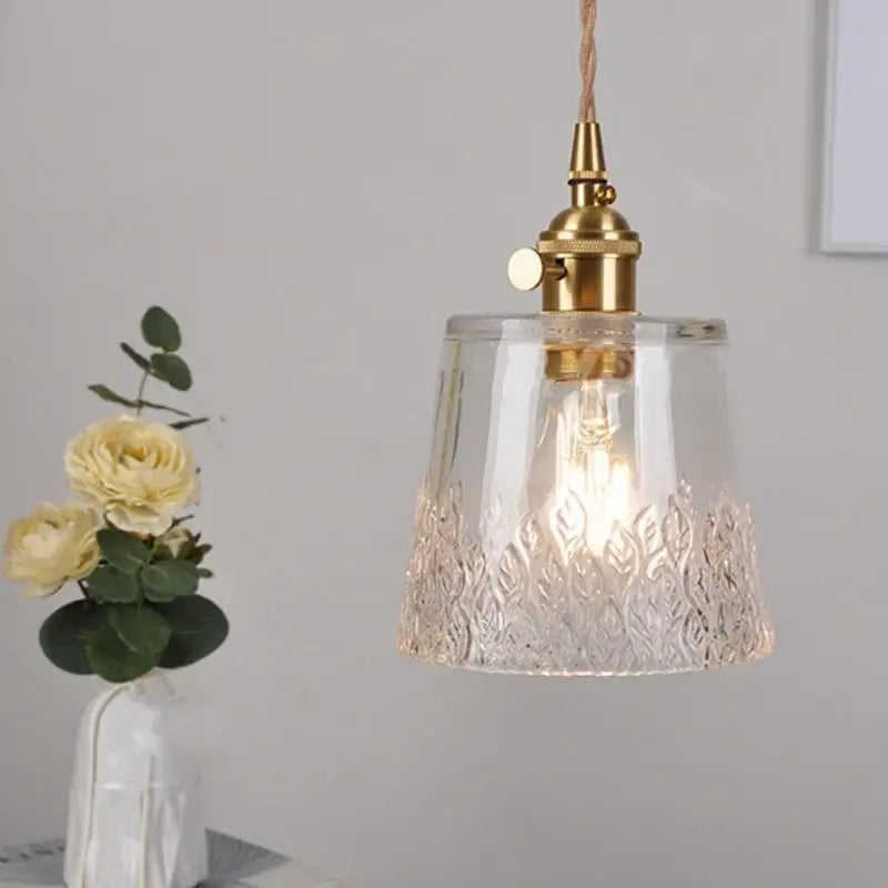 Decorbites clear leaf gold textured glass pendant light with brass finish and etched leaf pattern for dining room