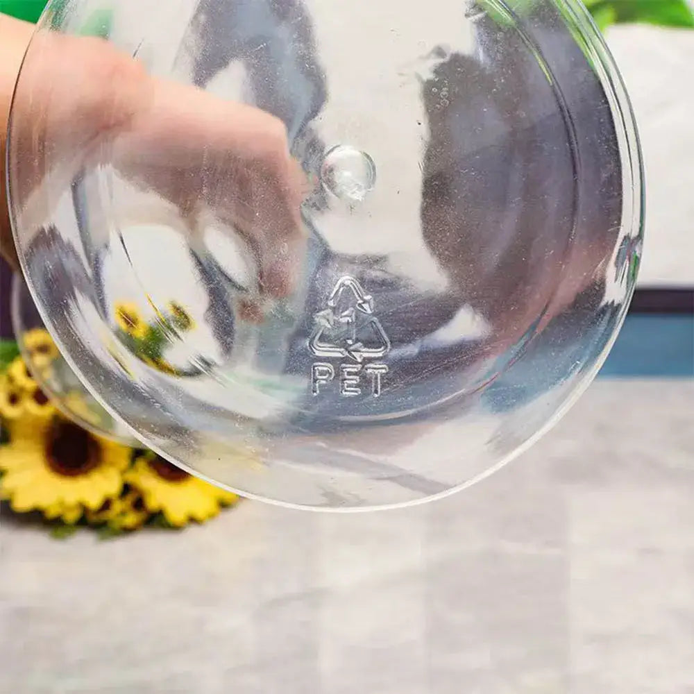 Clear nordic plastic vase for hydroponic flowers with a clear plastic lid featuring a molded pet recycling symbol