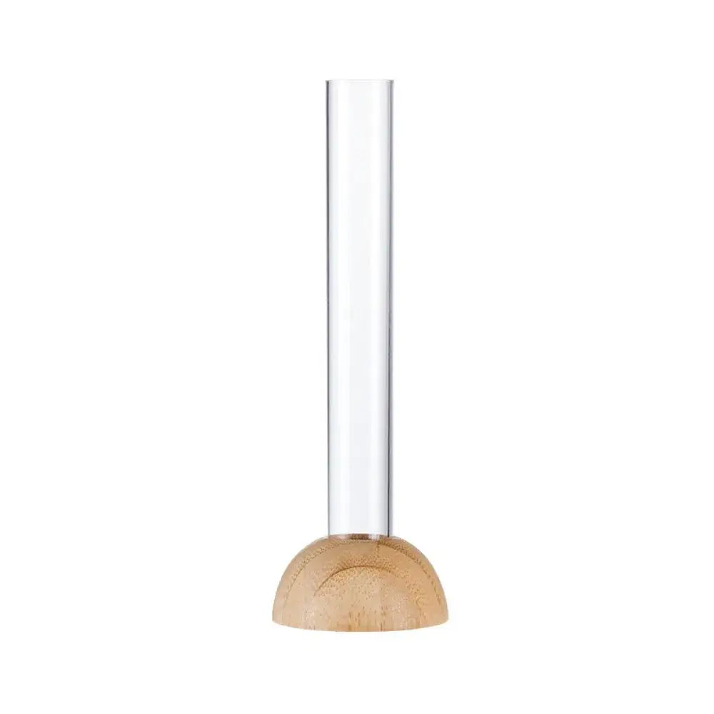 DecorBites clear plastic test tube vase with clear glass cylinder and light wood base for elegant home decor