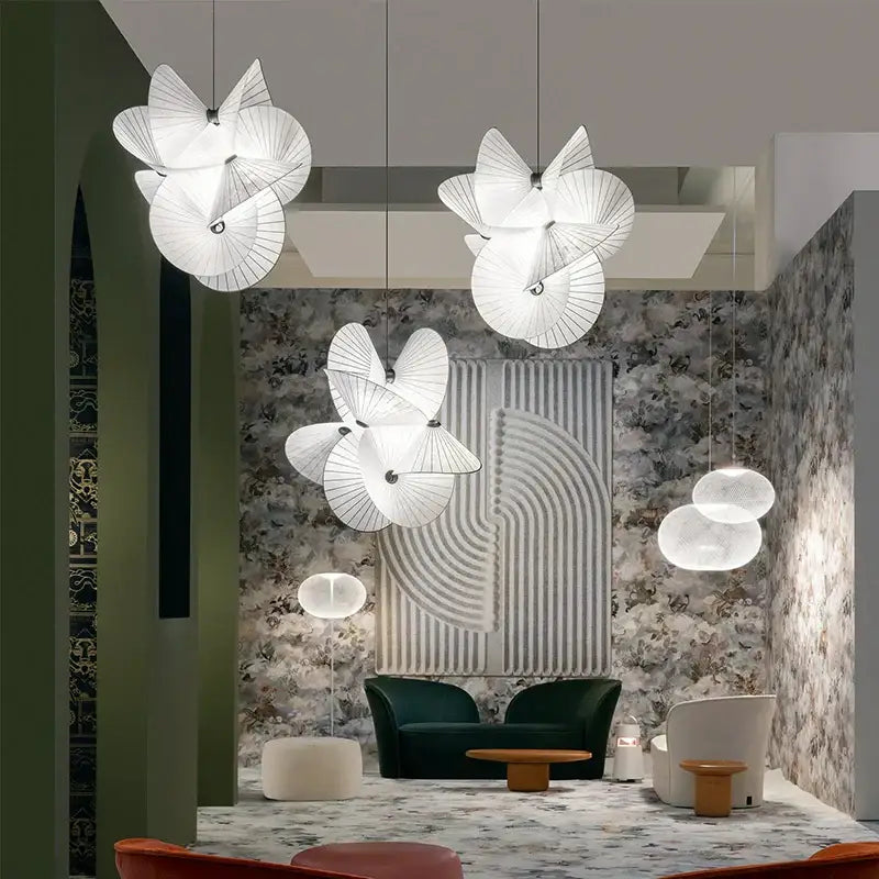 White sculptural decorbites cloth minimalist led chandelier with layered fan-like petals for dining room lighting