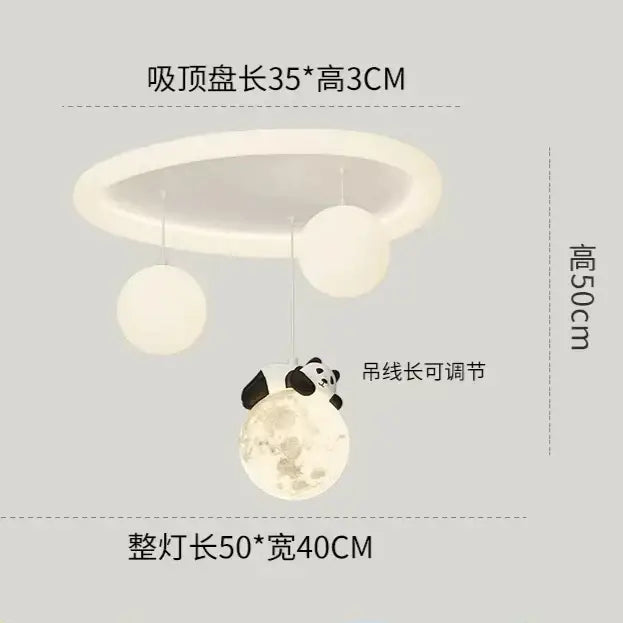 White panda-themed decorbites cloud bubble ball ceiling light with moon pendant and three spherical bulbs for bedroom