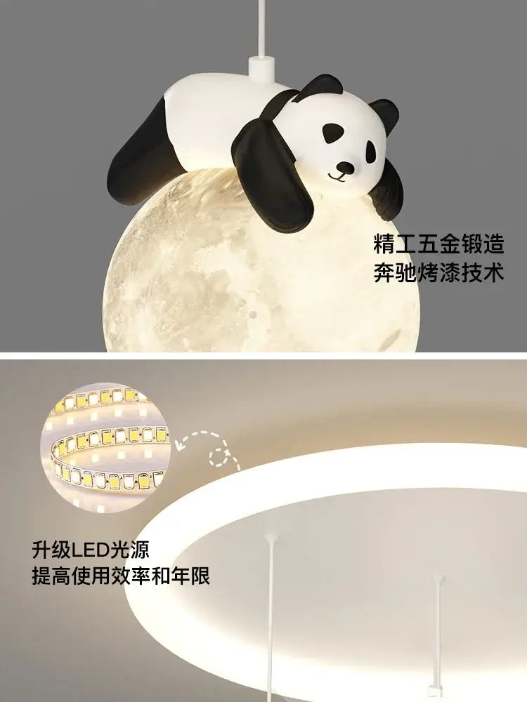 White and black panda-shaped decorbites cloud bubble ball ceiling light with textured moon base and led ring lamp