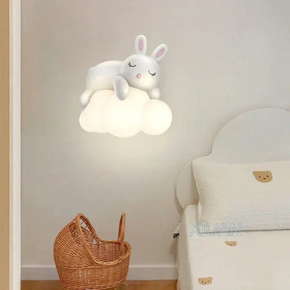 Decorbites cloud bunny white rabbit wall lamp shaped like a cute bunny with closed eyes and pink nose perched on a cloud
