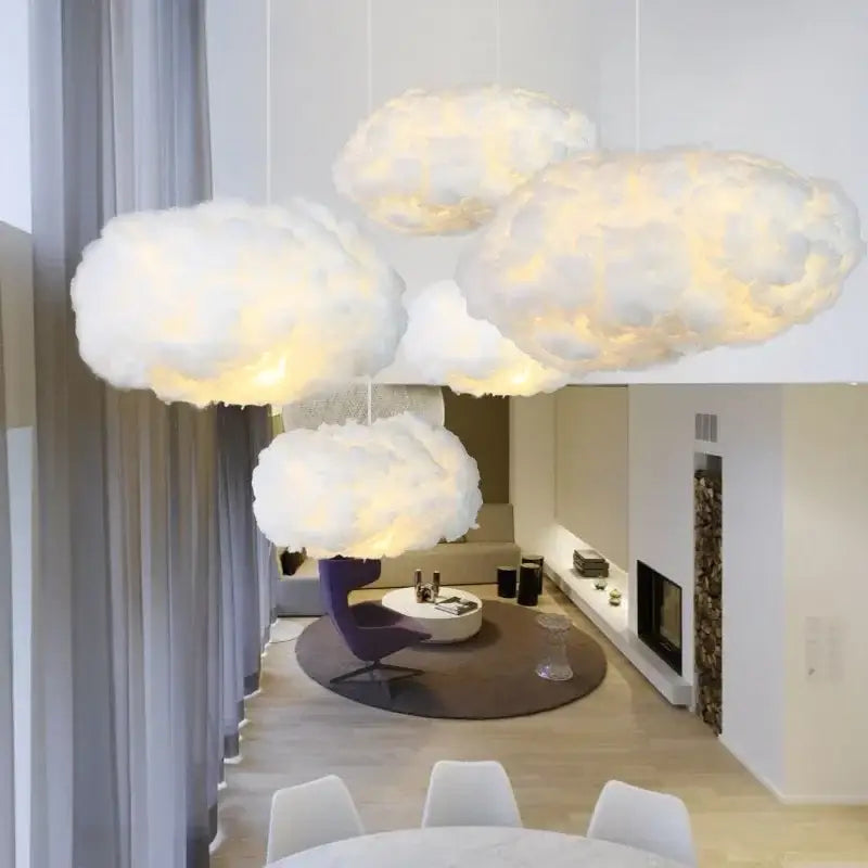 White decorbites cloud led pendant lights with soft fluffy texture and warm pale yellow illumination for bedrooms