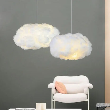 Two fluffy cloud led pendant lights by decorbites in white and pale yellow for bedroom illumination