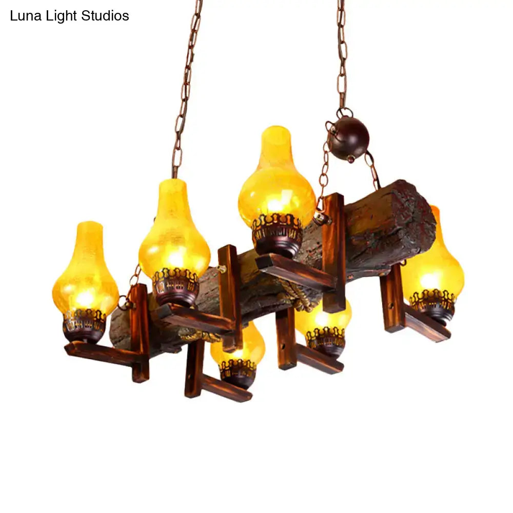 DecorBites coastal brown island pendant lamp with six heads featuring yellow crackle glass vase shade and resin beam