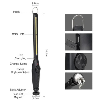 Black handheld decorbites cob led work light with usb charging port magnetic base for garage inspection use