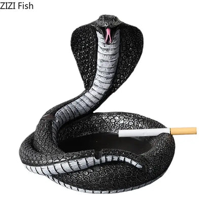 Decorbites cobra ashtray black and silver resin with textured scales holding cigarette in coils office smoking accessory