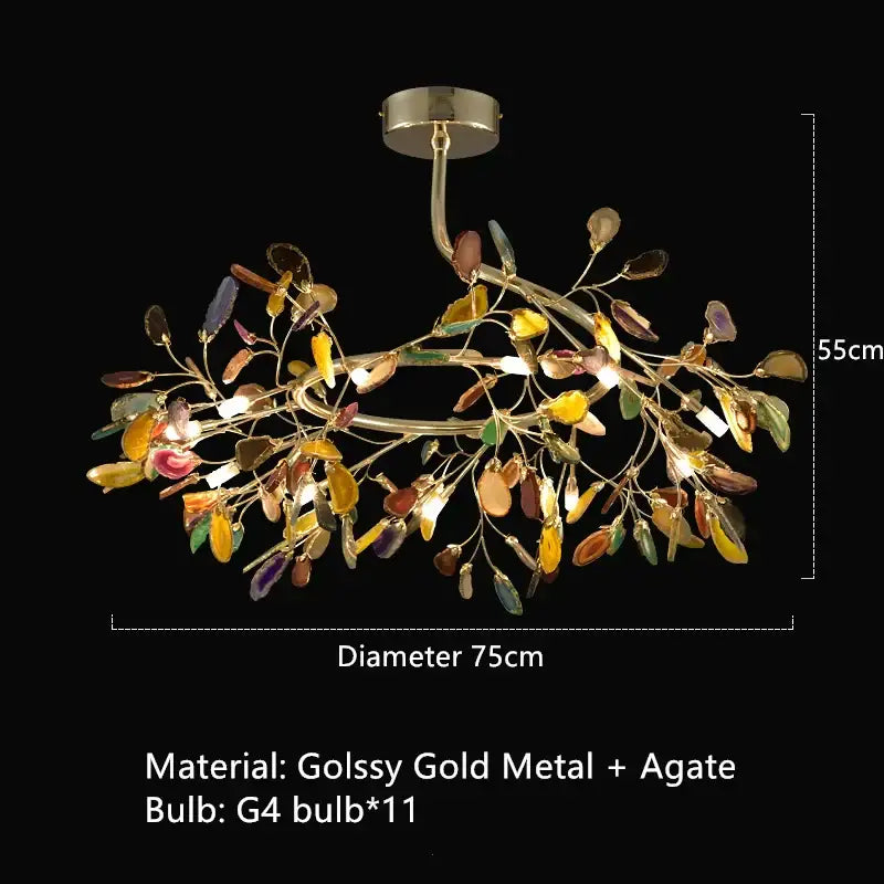 Decorbites colorful agate chandelier with golden metal arms and multicolor agate slices for dining room and bedroom
