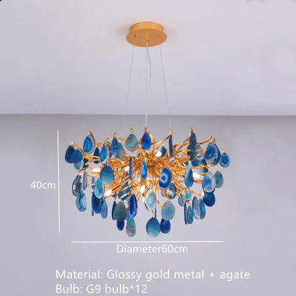 Elegant decorbites colorful agate chandelier with blue agate and glossy gold metal arms for dining room and bedroom