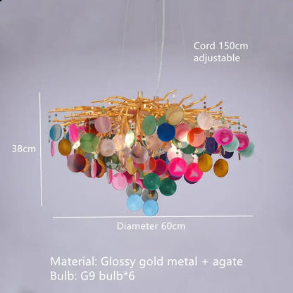 A decorbites colorful agate chandelier with glossy gold branches and multicolored agate discs for dining room and bedroom