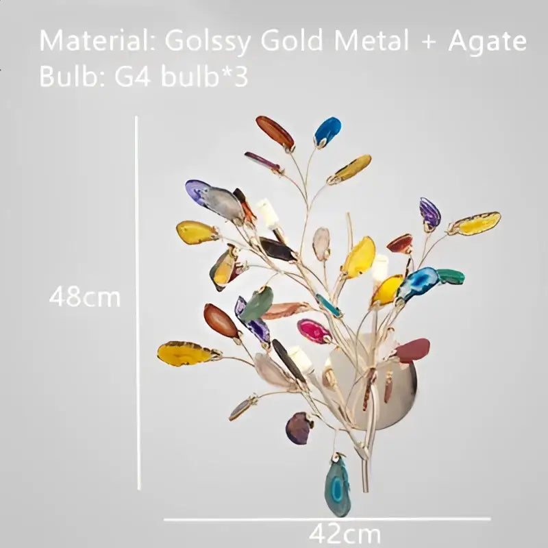 A decorbites colorful agate chandelier wall sconce made of glossy gold metal and vibrant agate stones for dining room and bedroom
