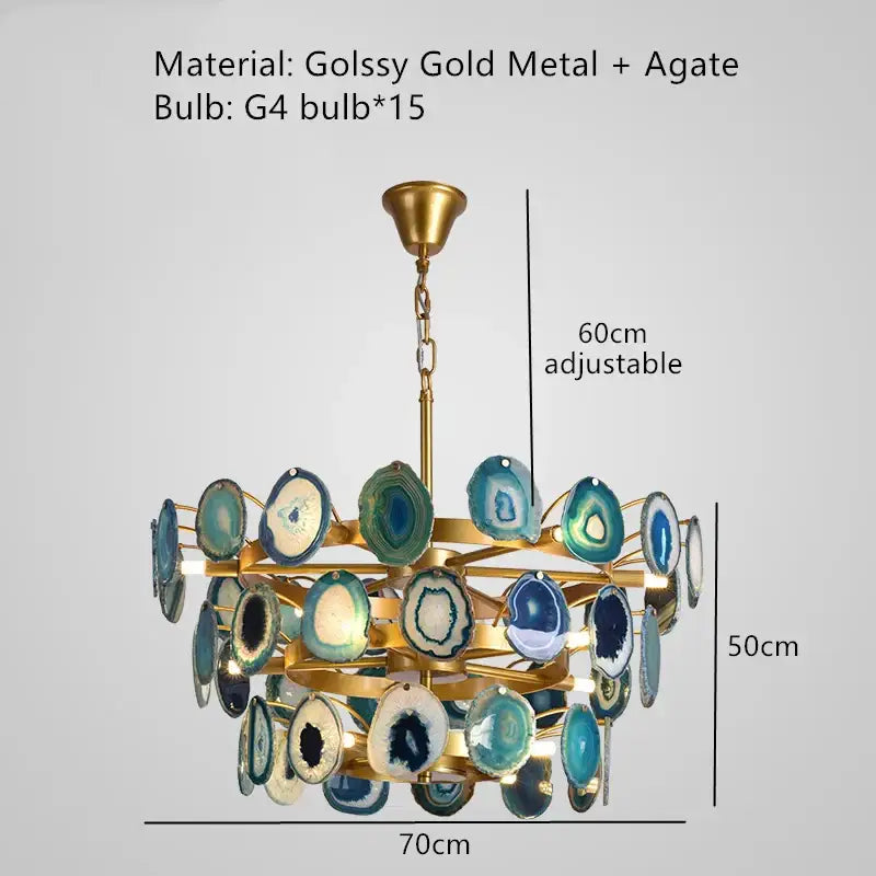 Modern decorbites colorful agate chandelier with blue and green translucent agate slices in gold frame for dining room and bedroom