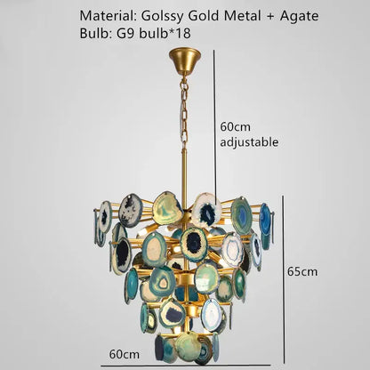A decorbites colorful agate chandelier with a glossy gold metal frame and blue green white circular agate slices for dining room