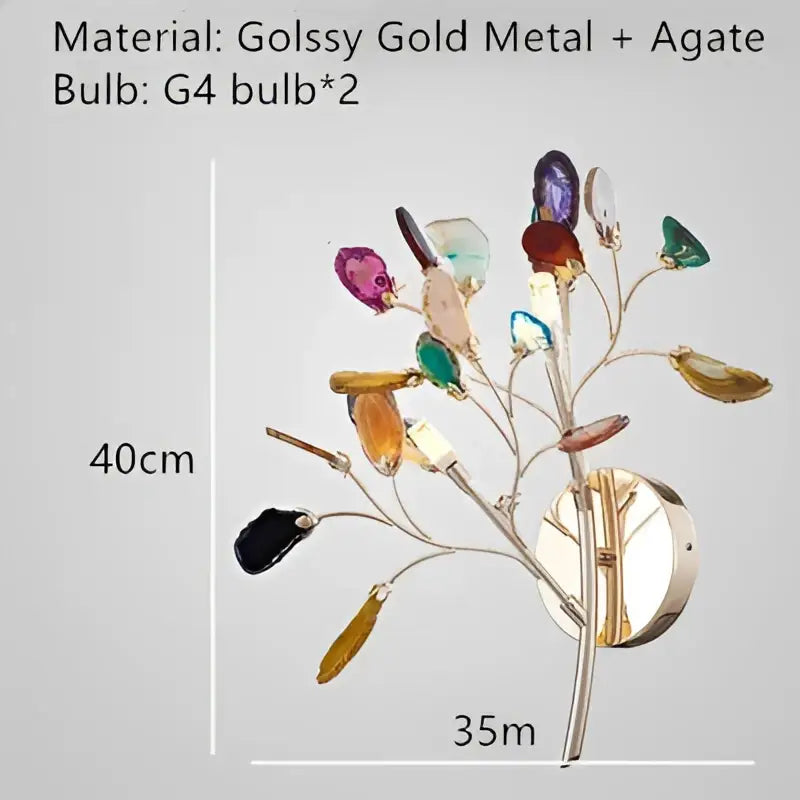 Decorbites colorful agate wall sconce with tree design and multicolored agate stones on gold metal base for dining and bedroom